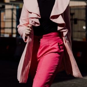 Pink Pea Coat Midi Long Sleeve Ruffle Rose Button Lined